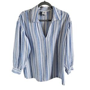 Cabi Woman Size M Linen Blend Vertical Stripe Bishop Sleeves Collared Tunic